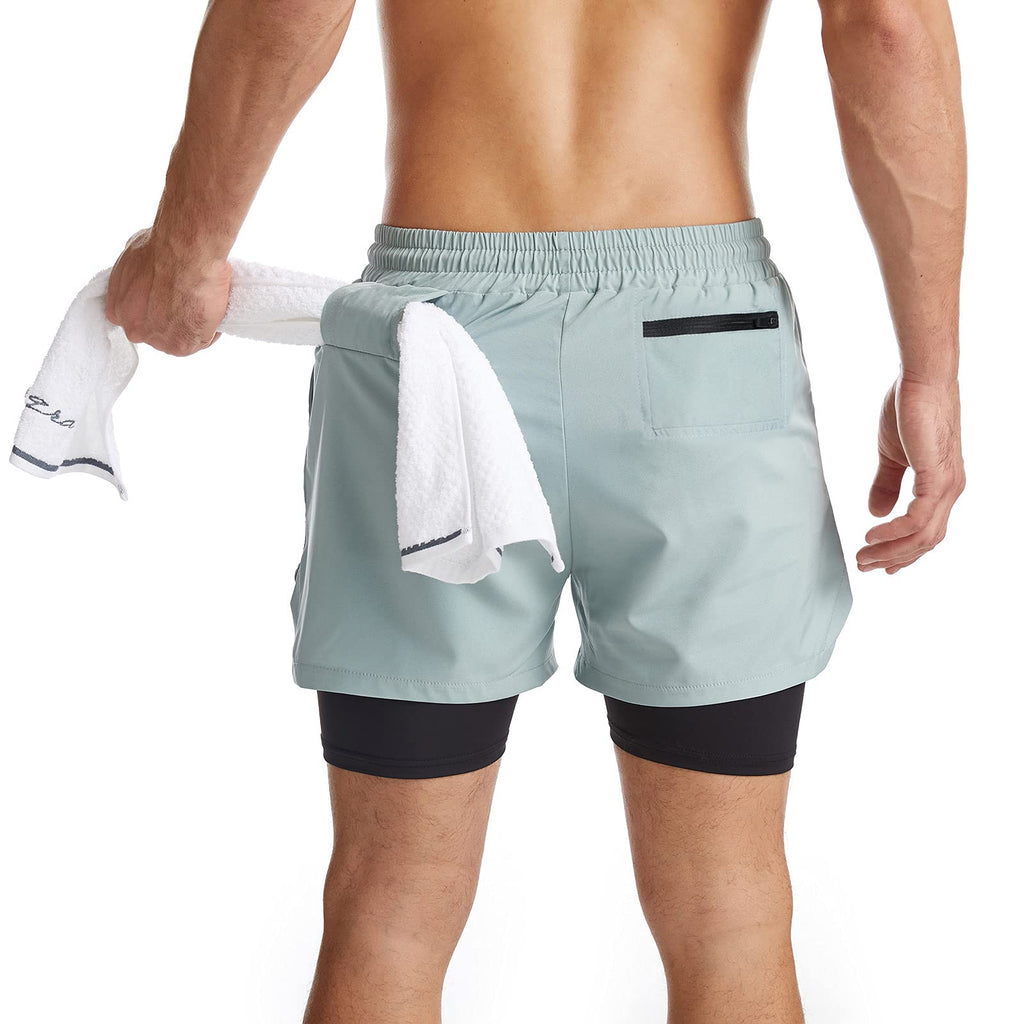 Surenow Mens 2 in 1 Running Shorts Quick Dry Athletic Shorts with Liner, Workout Shorts with Zip Pockets and Towel Loop