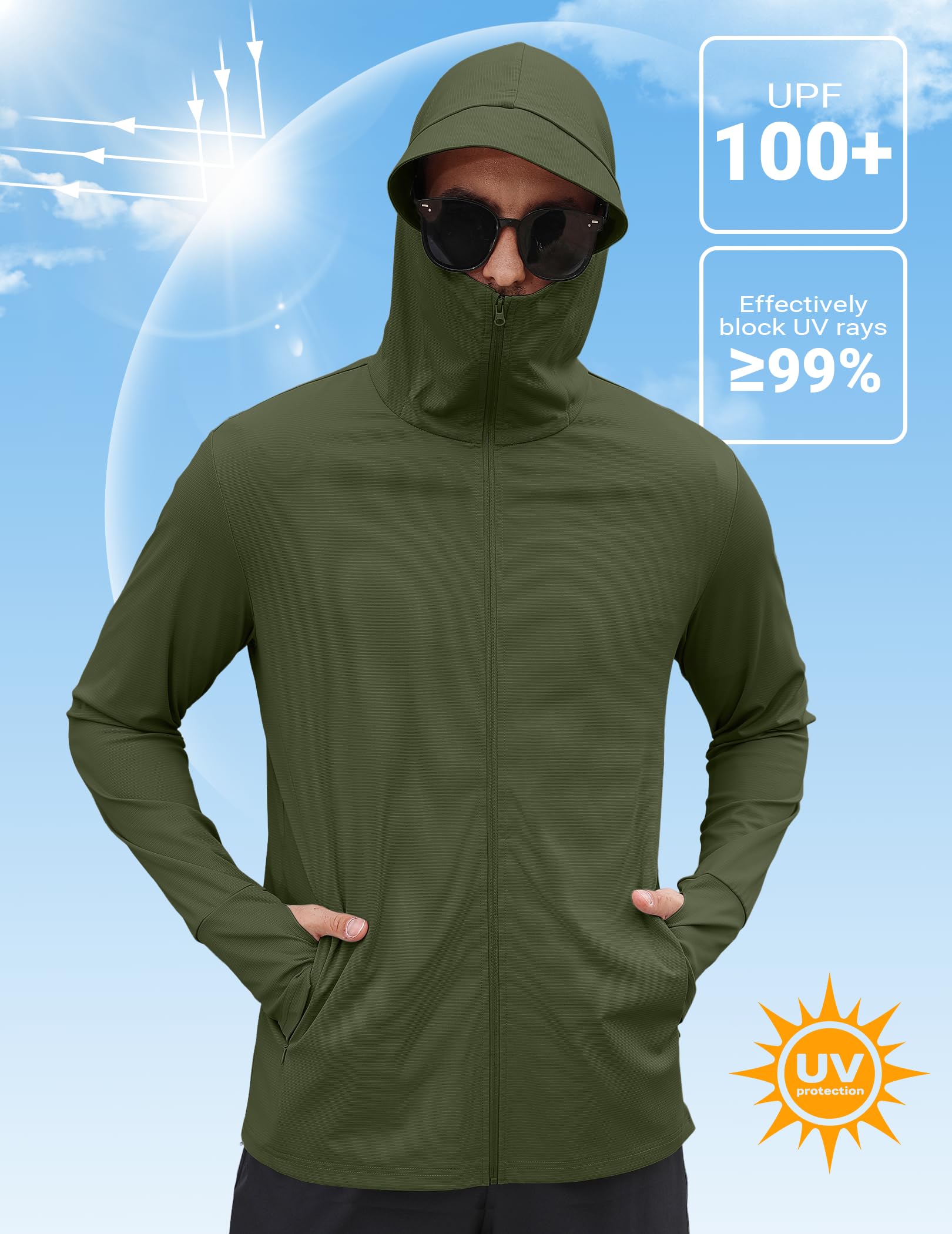 COOFANDY Mens UPF 50+ Sun Protection Hoodie Zip Up Lightweight UV Jacket Long Sleeve Sun Shirt Running Fishing Hiking Outdoor