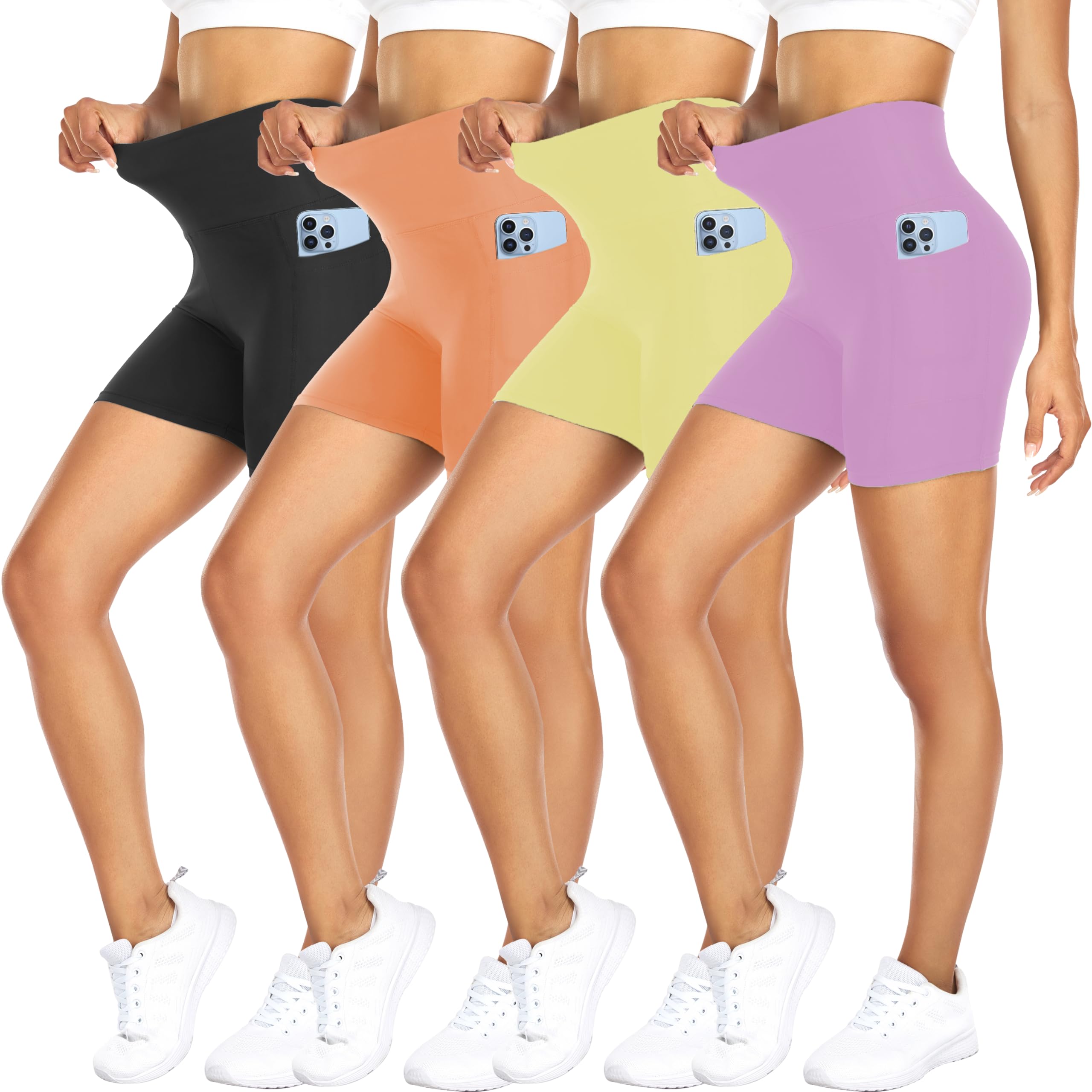 FULLSOFT 4 Pack Biker Shorts for Women with Pockets – 5" High Waisted Tummy Control Workout Yoga Running Gym Tennis Shorts
