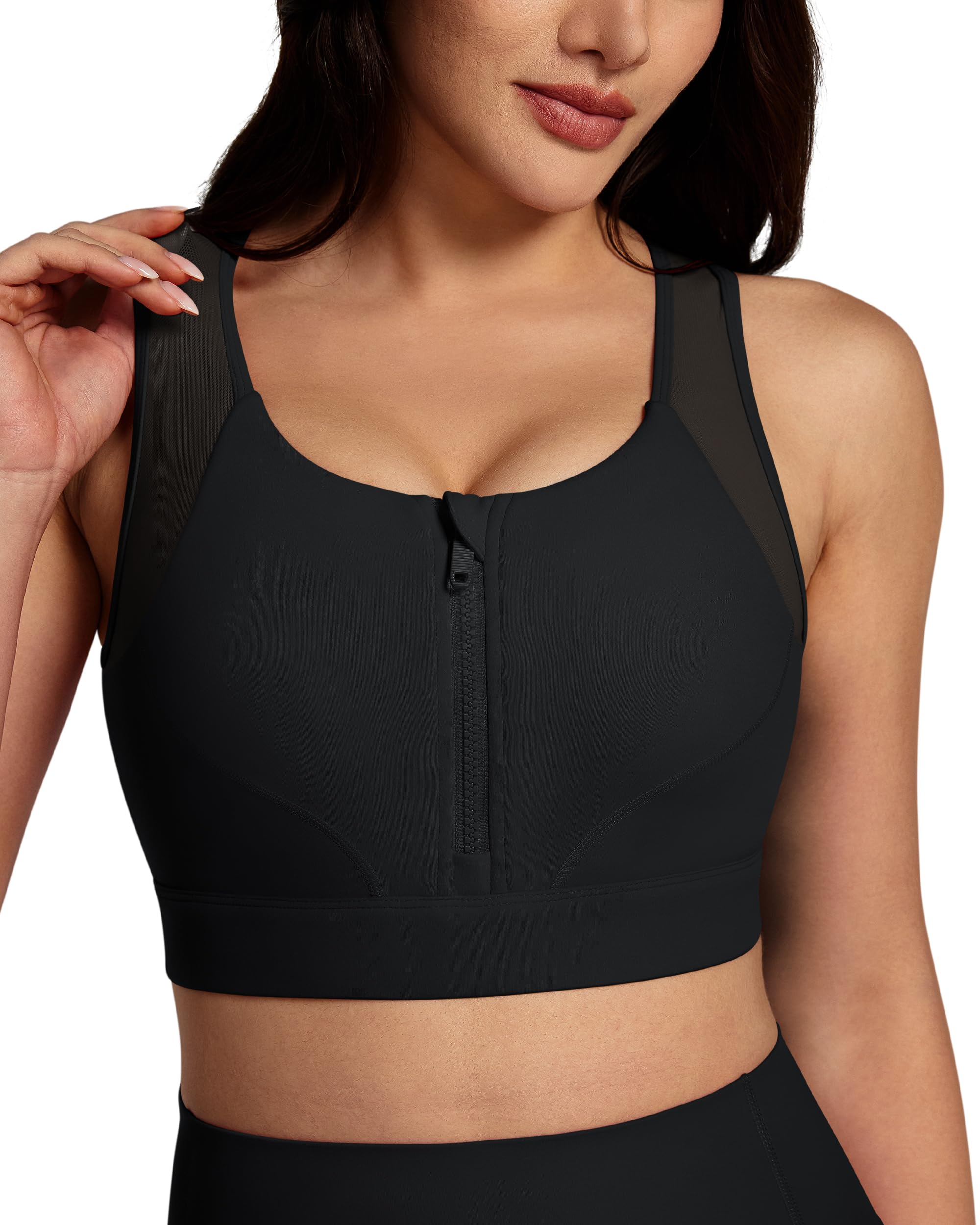 Queenie Ke BareLuxe Sports Bra for Women Medium Support Front Zipper Breathable Mesh Racerback Workout Bra for Yoga & Gym