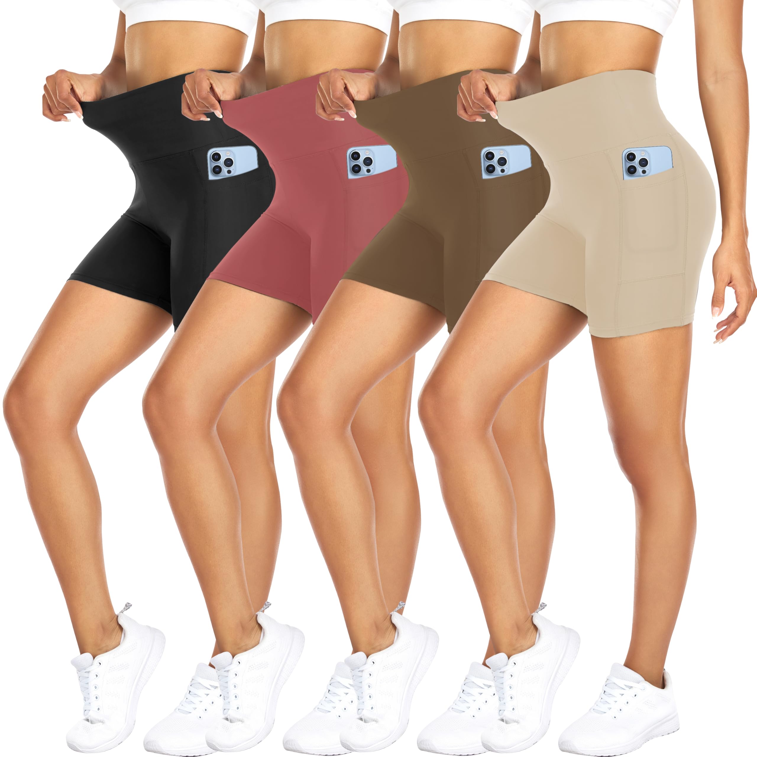 FULLSOFT 4 Pack Biker Shorts for Women with Pockets – 5" High Waisted Tummy Control Workout Yoga Running Gym Tennis Shorts
