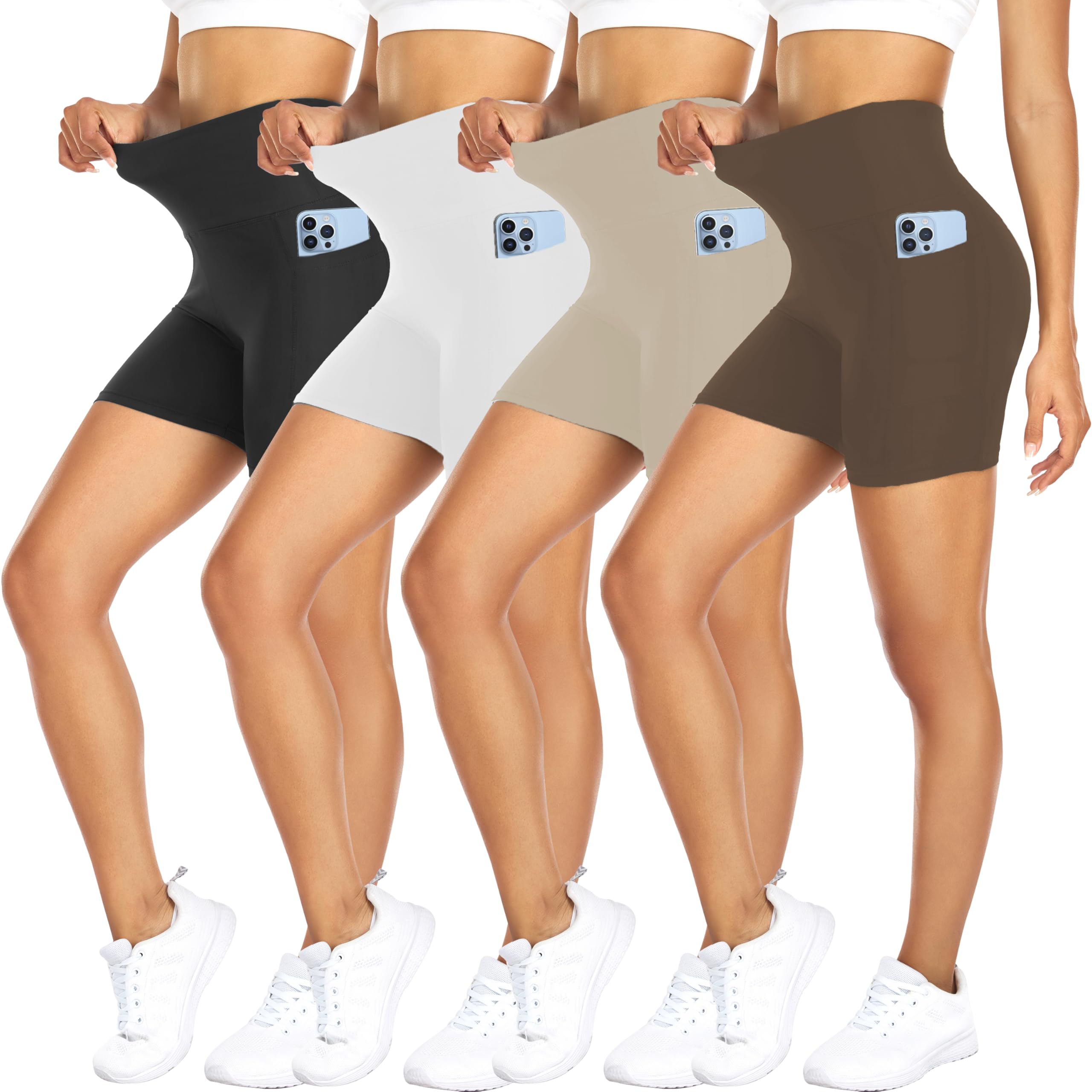 FULLSOFT 4 Pack Biker Shorts for Women with Pockets – 5" High Waisted Tummy Control Workout Yoga Running Gym Tennis Shorts