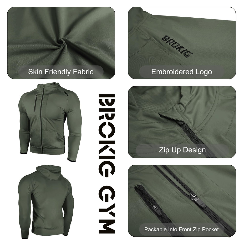 BROKIG Mens WindBreak Lightweight Running Jackets with Zip Pocket, Workout Track Hoodie Athletic Gym Sweatshirts Men