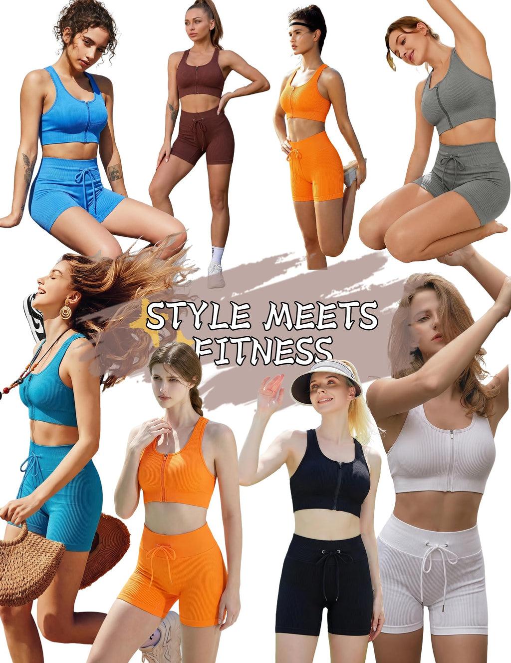 Ribbed Seamless Workout Set for Women, Front Zip Crop Top & High Waisted Shorts, Activewear for Gym Yoga