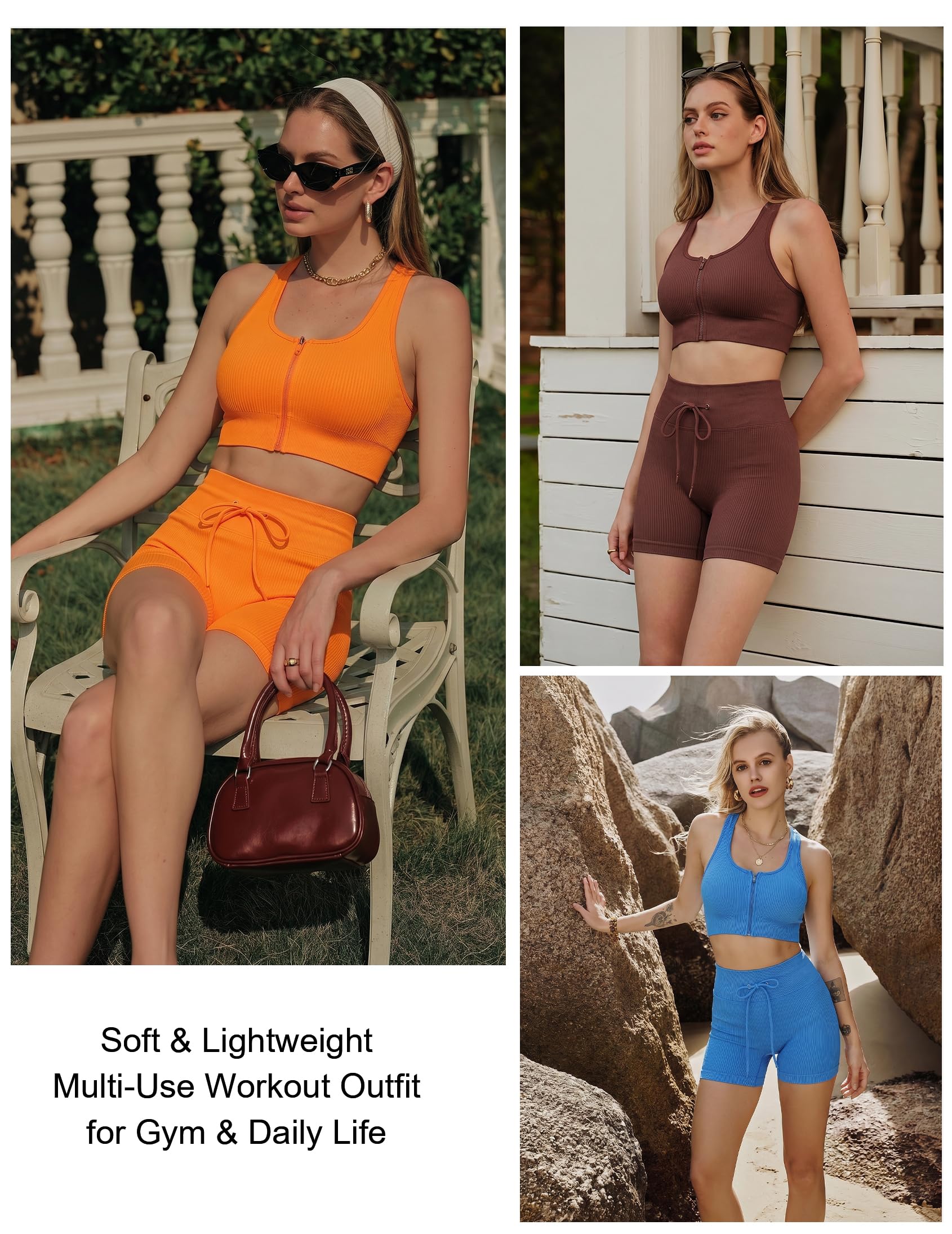 Ribbed Seamless Workout Set for Women, Front Zip Crop Top & High Waisted Shorts, Activewear for Gym Yoga