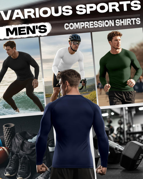August Alley 4 Pack Mens Long Sleeve Compression Shirts Crew Neck Workout Tight Tops Athletic Base Layer Undershirts