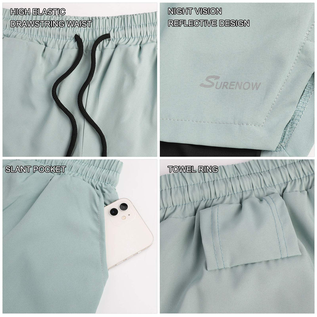 Surenow Mens 2 in 1 Running Shorts Quick Dry Athletic Shorts with Liner, Workout Shorts with Zip Pockets and Towel Loop