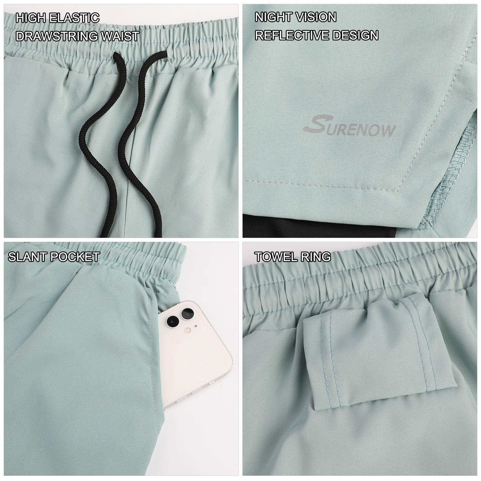 Surenow Mens 2 in 1 Running Shorts Quick Dry Athletic Shorts with Liner, Workout Shorts with Zip Pockets and Towel Loop