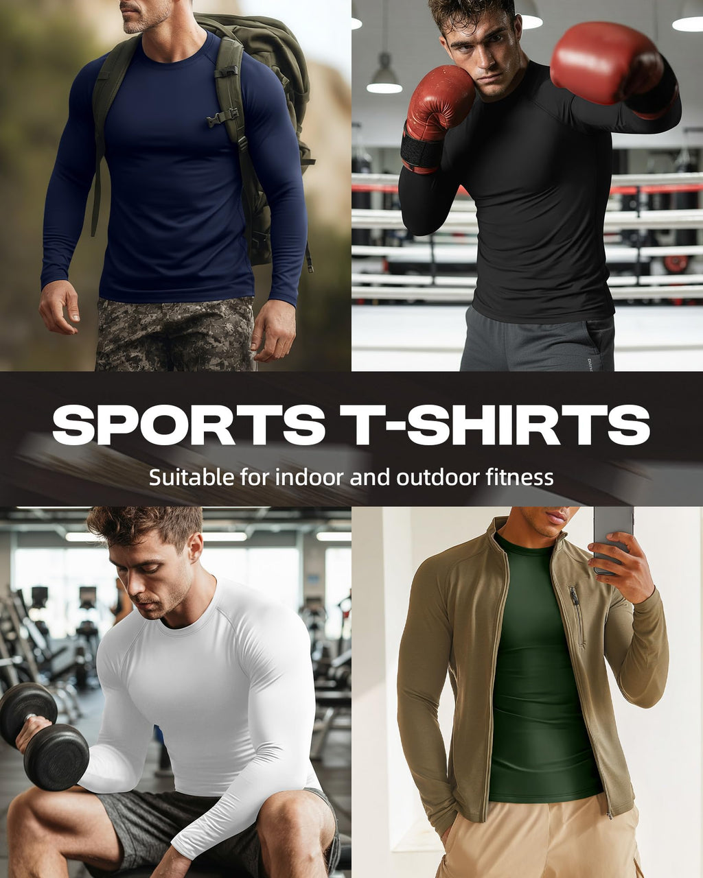 August Alley 4 Pack Mens Long Sleeve Compression Shirts Crew Neck Workout Tight Tops Athletic Base Layer Undershirts
