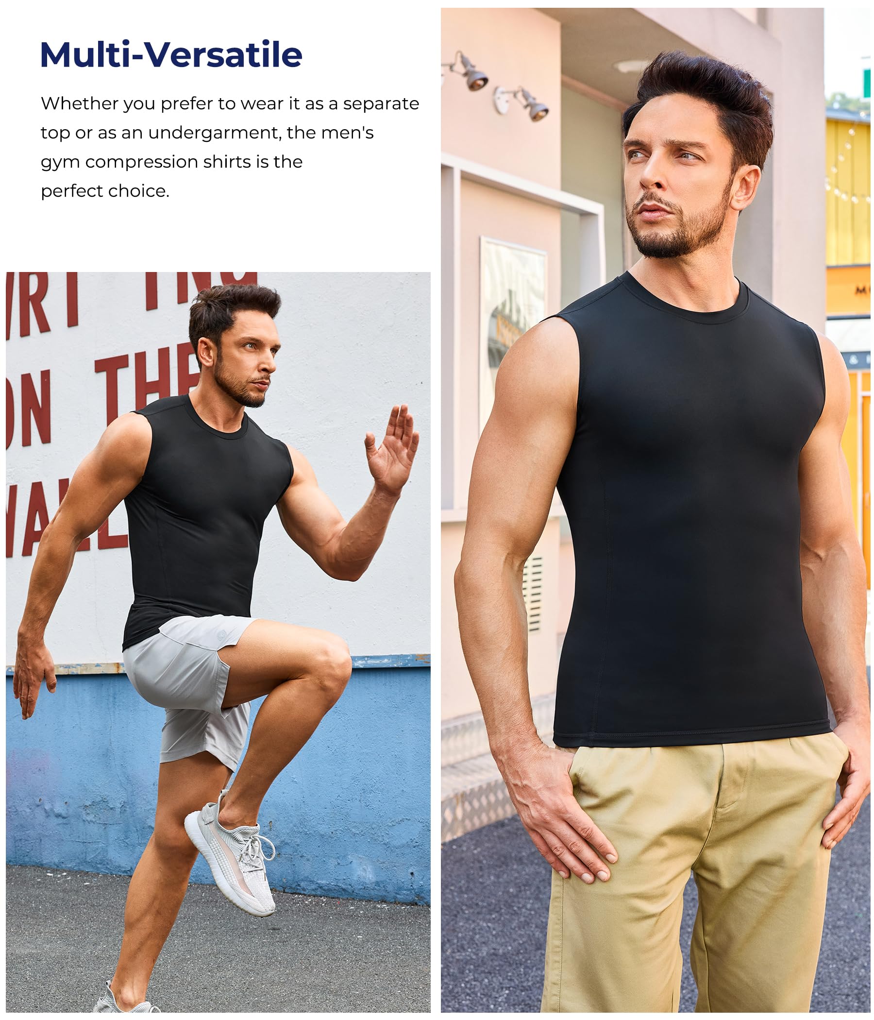 TAILONG 2 Pack Compression Shirt Men - Athletic Base Layer Sleeveless Workout Tank Top Slimming Undershirt