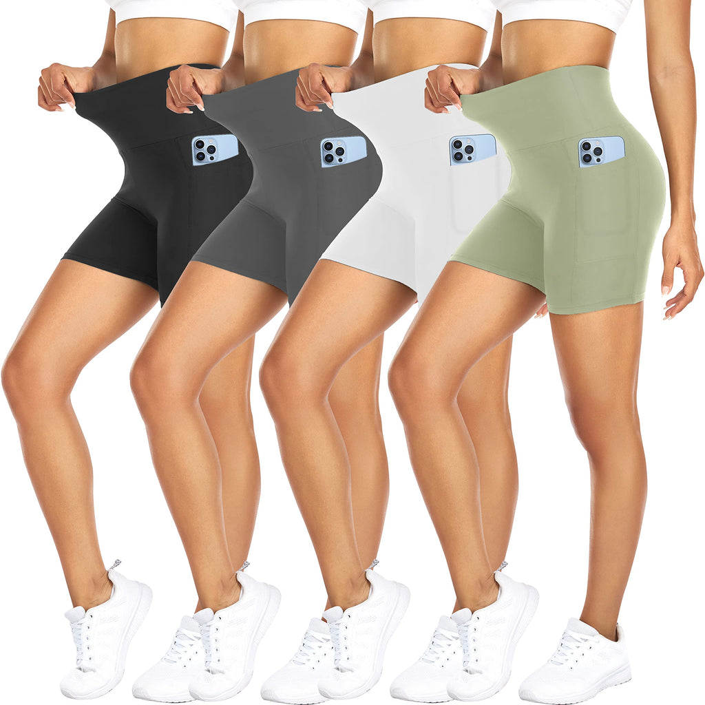 FULLSOFT 4 Pack Biker Shorts for Women with Pockets – 5" High Waisted Tummy Control Workout Yoga Running Gym Tennis Shorts